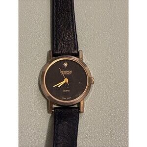 Helbros Invincible Watch Women 25mm Gold Tone Black Dial Leather New Battery